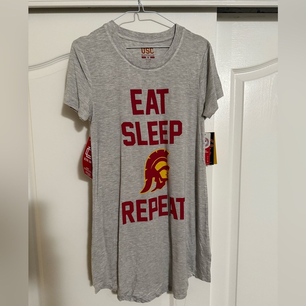 USC Sleepwear Women’s Gray T-Shirt Dress with “Eat Sleep Repeat” - Size S
